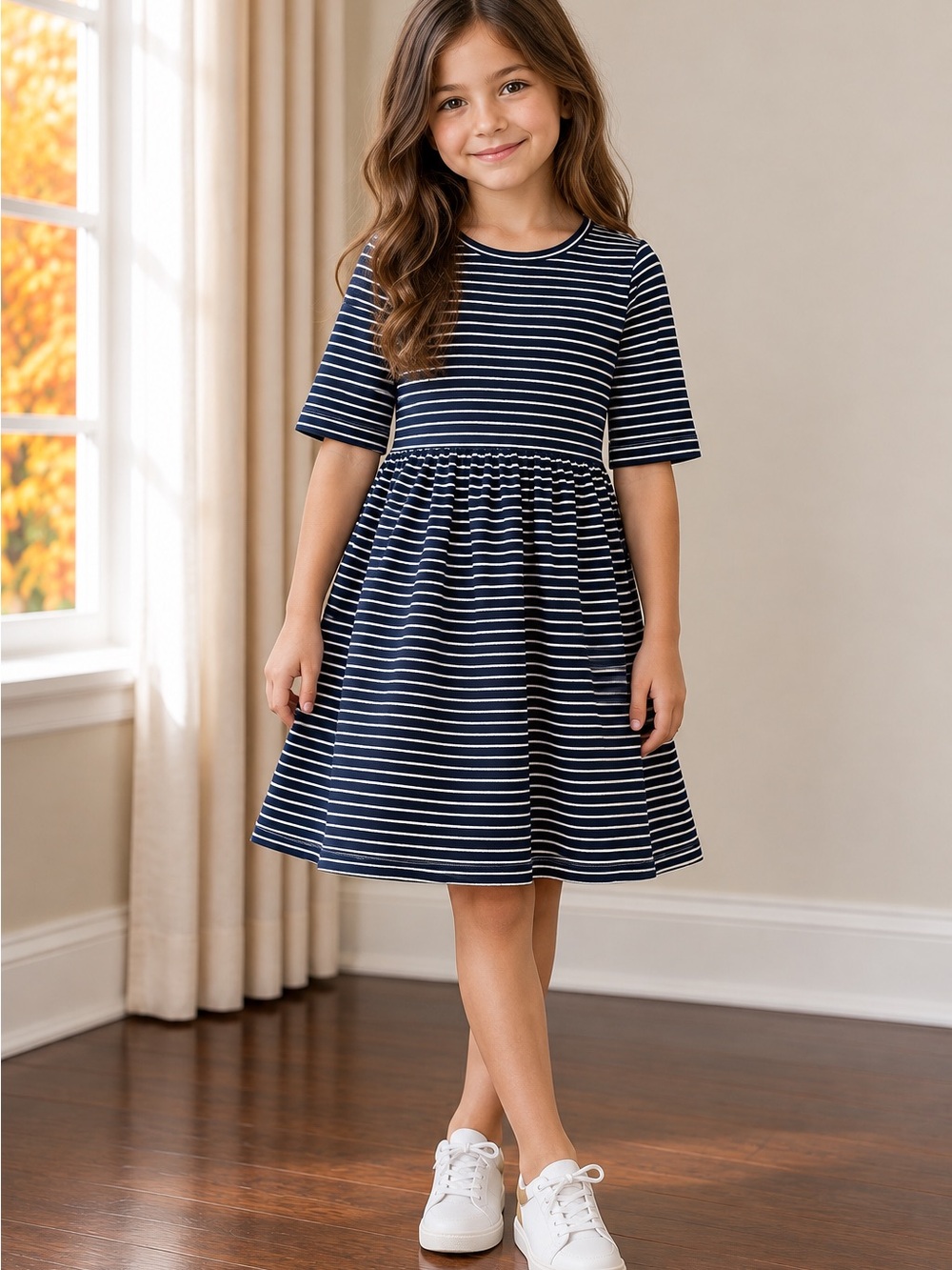 Old Navy Black and White Striped Short-Sleeve Knit Dress